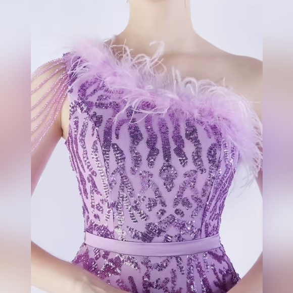Purple, Geo Print, Assymmetrical Neck, Ostrich Feather, Sequined Gown - Picture 4 of 16